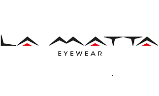 El logotipo de Lamatta Eyewear es negro y rojo sobre un fondo blanco.