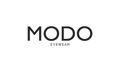 Un logotipo en blanco y negro para gafas Modo sobre un fondo blanco.