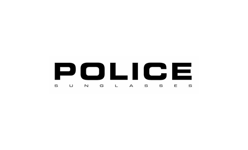 Un logotipo en blanco y negro para gafas de sol de policía sobre un fondo blanco.