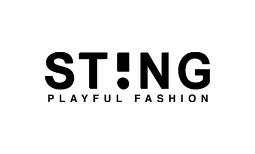 El logotipo de Sting Playful Fashion es en blanco y negro.