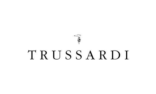El logotipo de Trussardi es blanco y negro y tiene un sacacorchos encima.