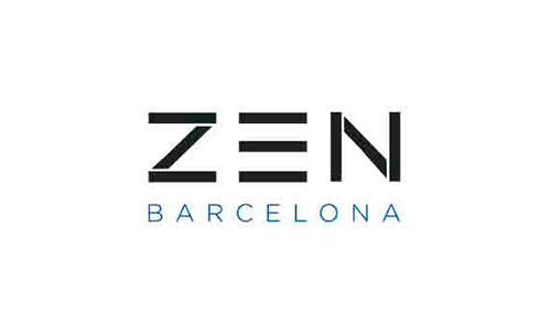 Un logotipo en blanco y negro para Zen Barcelona sobre un fondo blanco.
