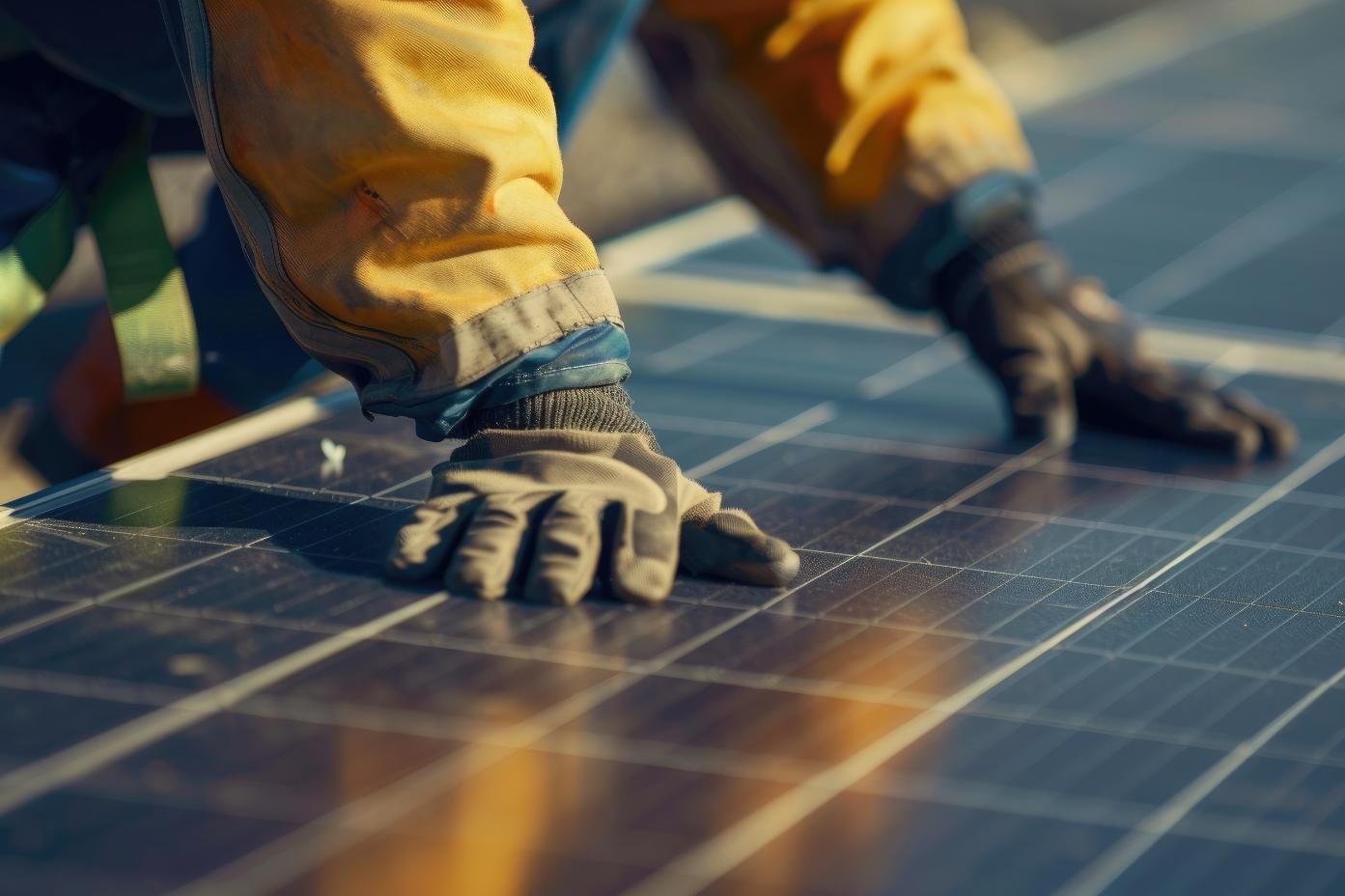 Persona con guantes instalando un panel solar.