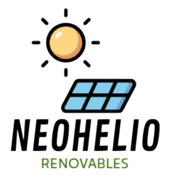 Logotipo de Neohelio Renovables: sol sobre panel solar, nombre de la empresa en negro, "RENOVABLES" en verde.