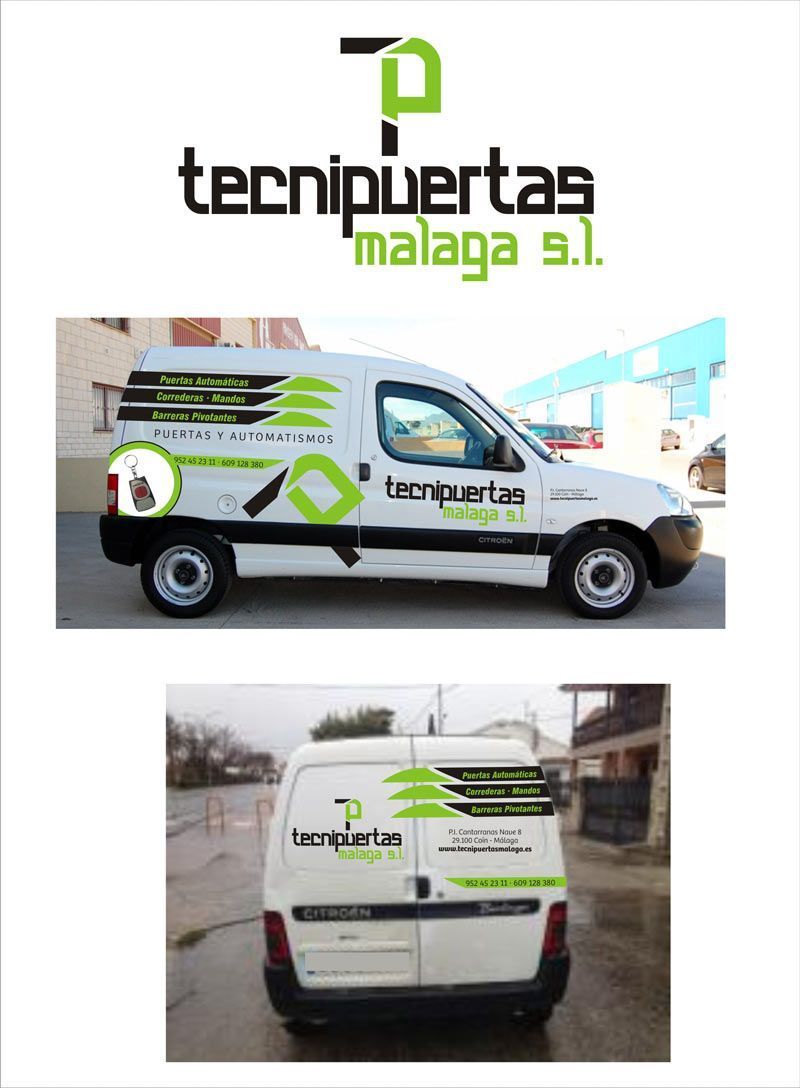 Furgoneta blanca con logos en verde y negro para TecniPuertas Málaga, servicio de reparación e instalación de puertas en España. La furgoneta se muestra de perfil y trasera.