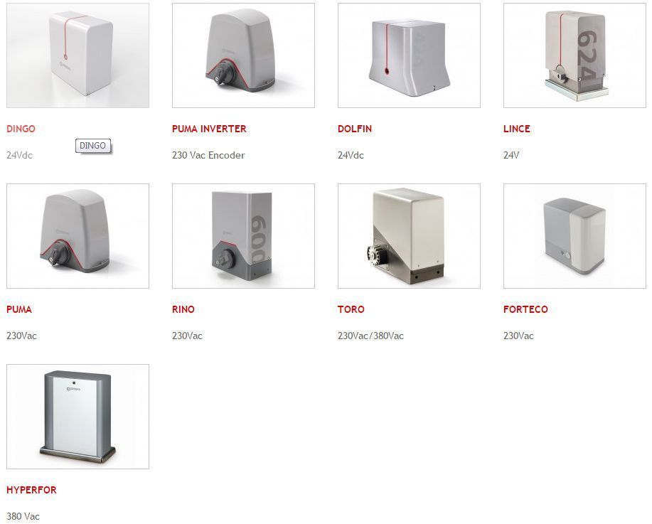 Cuadrícula de productos que muestra varios abridores de puertas automáticos en diferentes diseños, incluidos modelos en caja e instalados.