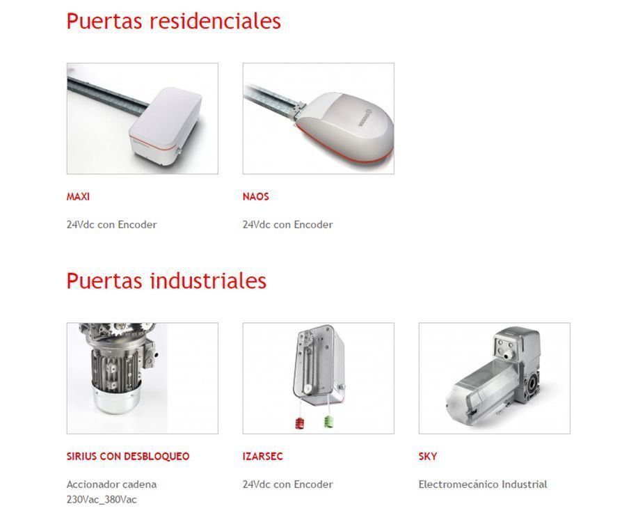 Abrepuertas residenciales e industriales con sus nombres de modelo: NUCO, RUCO, SIRIUS, IDRANIC y SKY.
