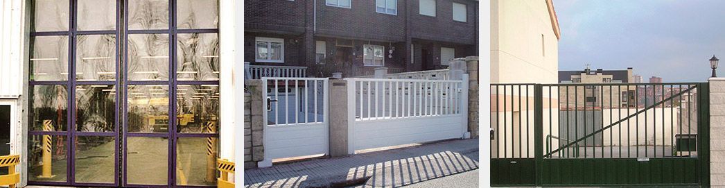 Tres puertas diferentes: una puerta de vidrio con marco morado, una puerta blanca con una casa y una puerta de metal negra.