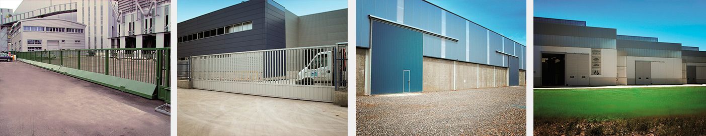 Cuatro fotografías de edificios con diferentes estilos arquitectónicos y configuraciones; una con calle, otras con césped o grava.