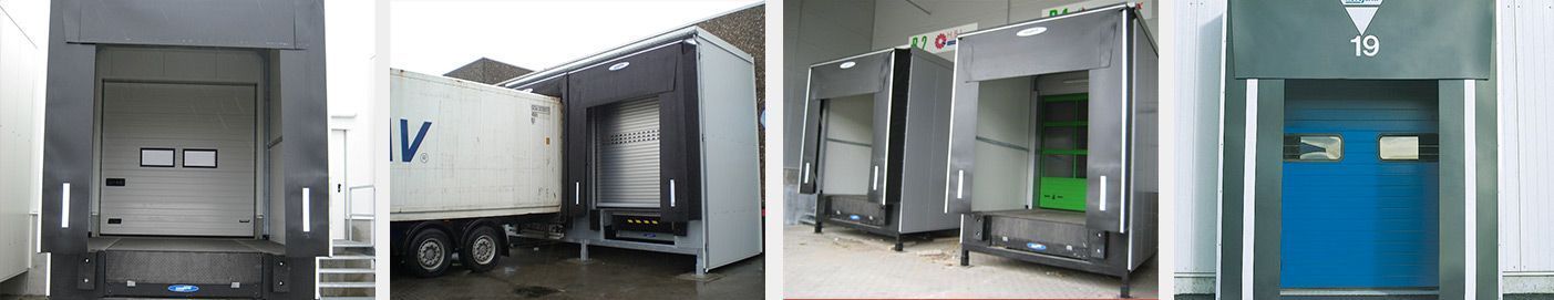 Serie de muelles de carga o dársenas para camiones. Algunos parecen estar abiertos y listos para la carga y descarga.