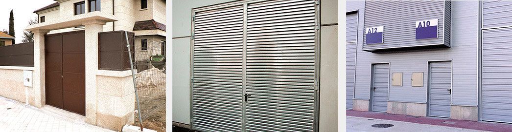 Tres edificios diferentes, incluida una entrada con puerta marrón, una puerta rayada y un edificio con varios carteles enmarcados.