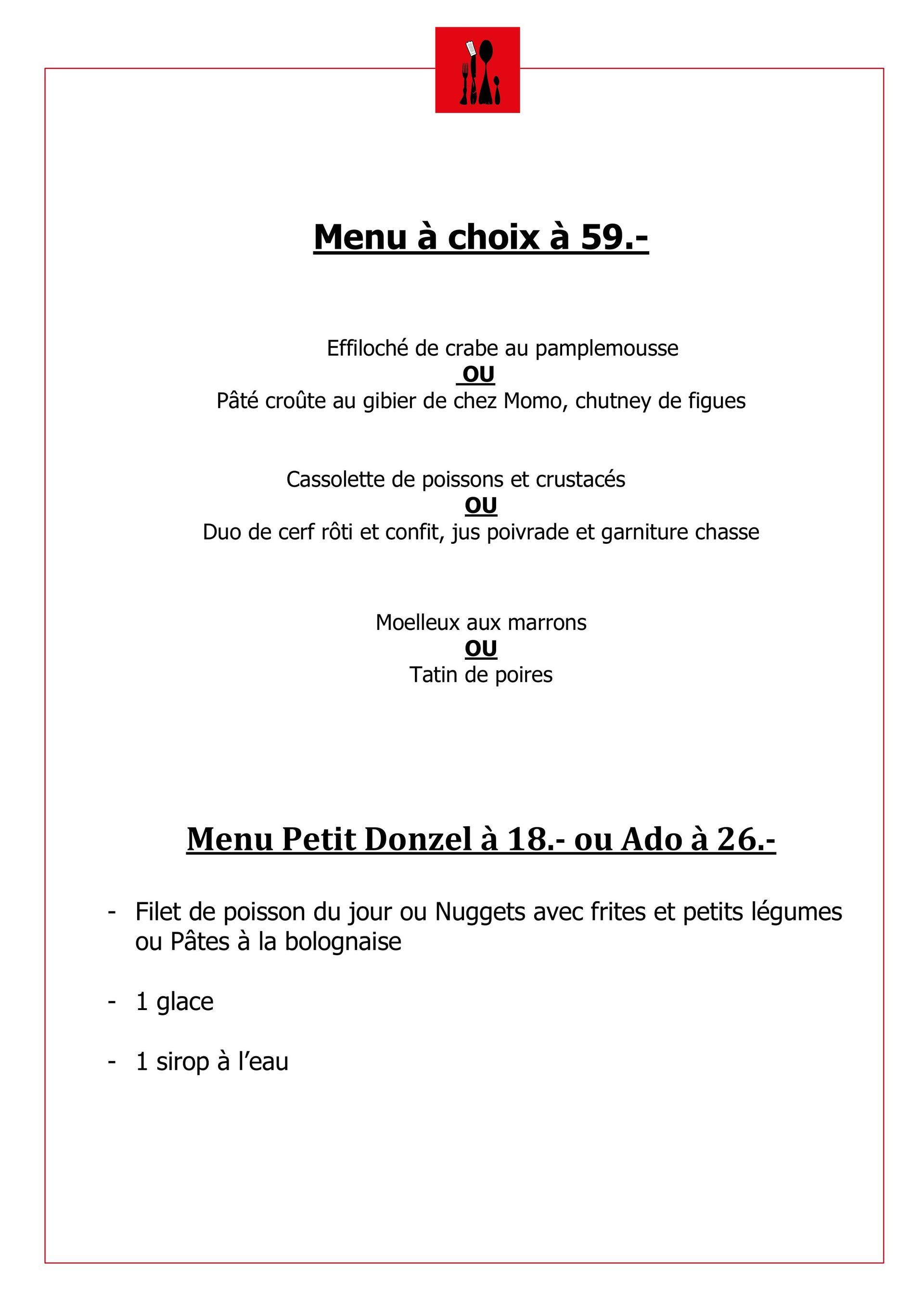 Auberge communale du Grand Donzel - menu