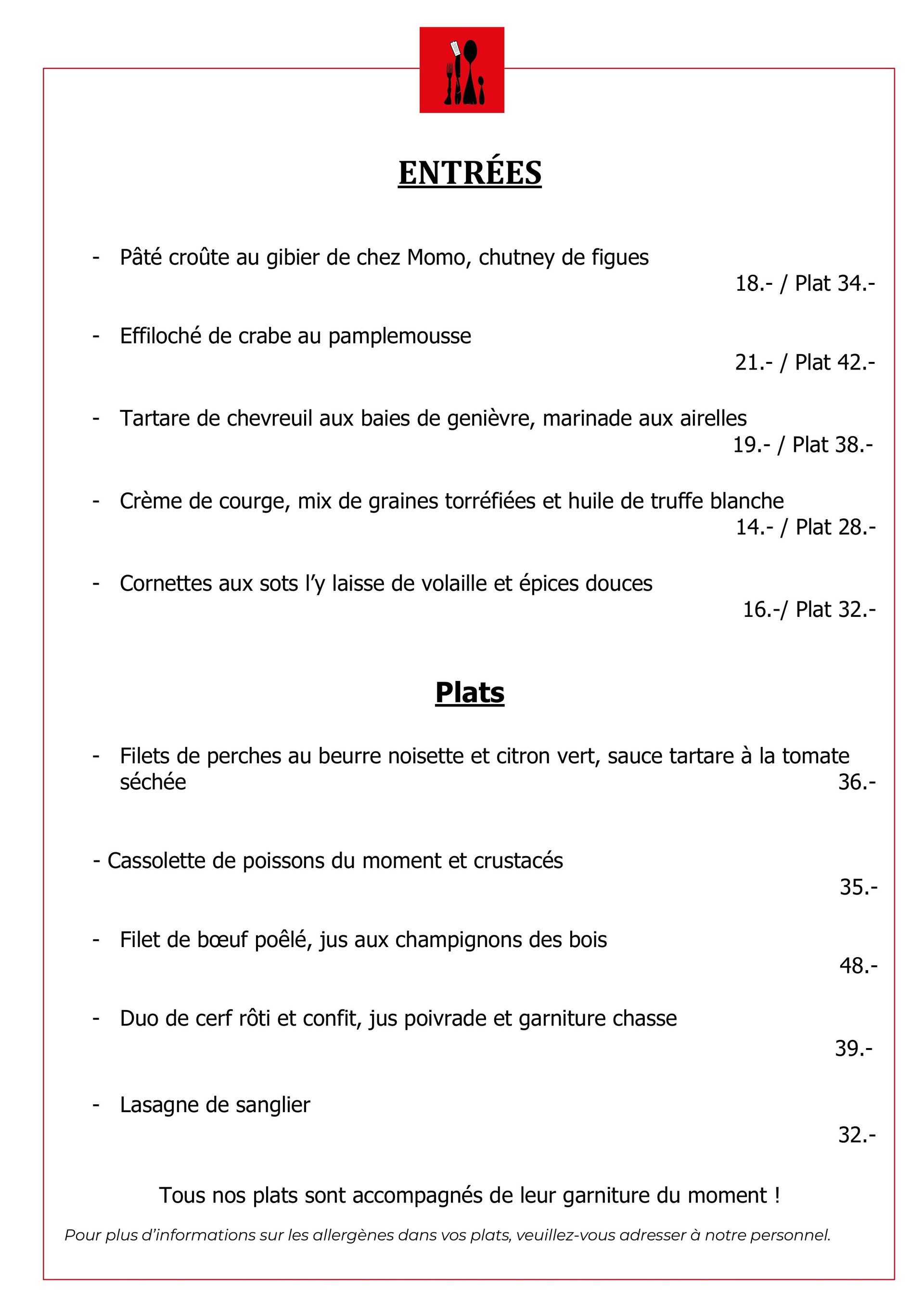Auberge communale du Grand Donzel - menu