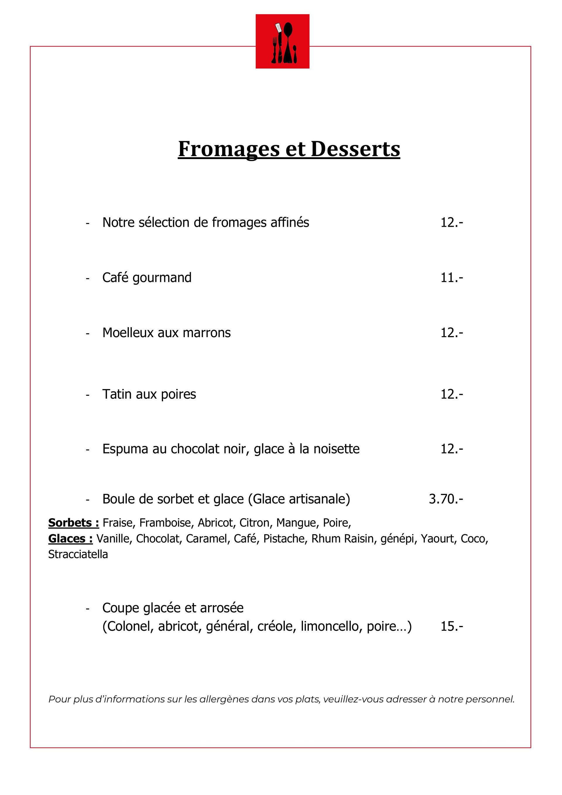 Auberge communale du Grand Donzel - menu