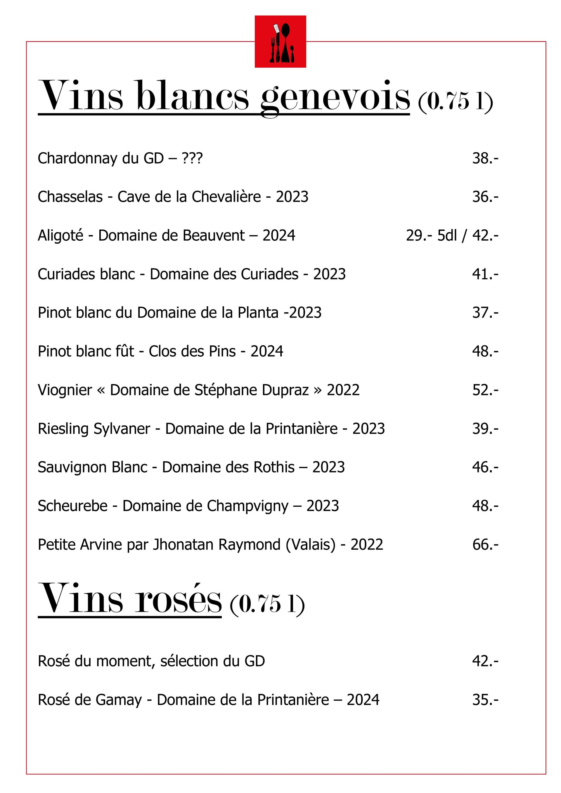 Auberge communale du Grand Donzel - vins