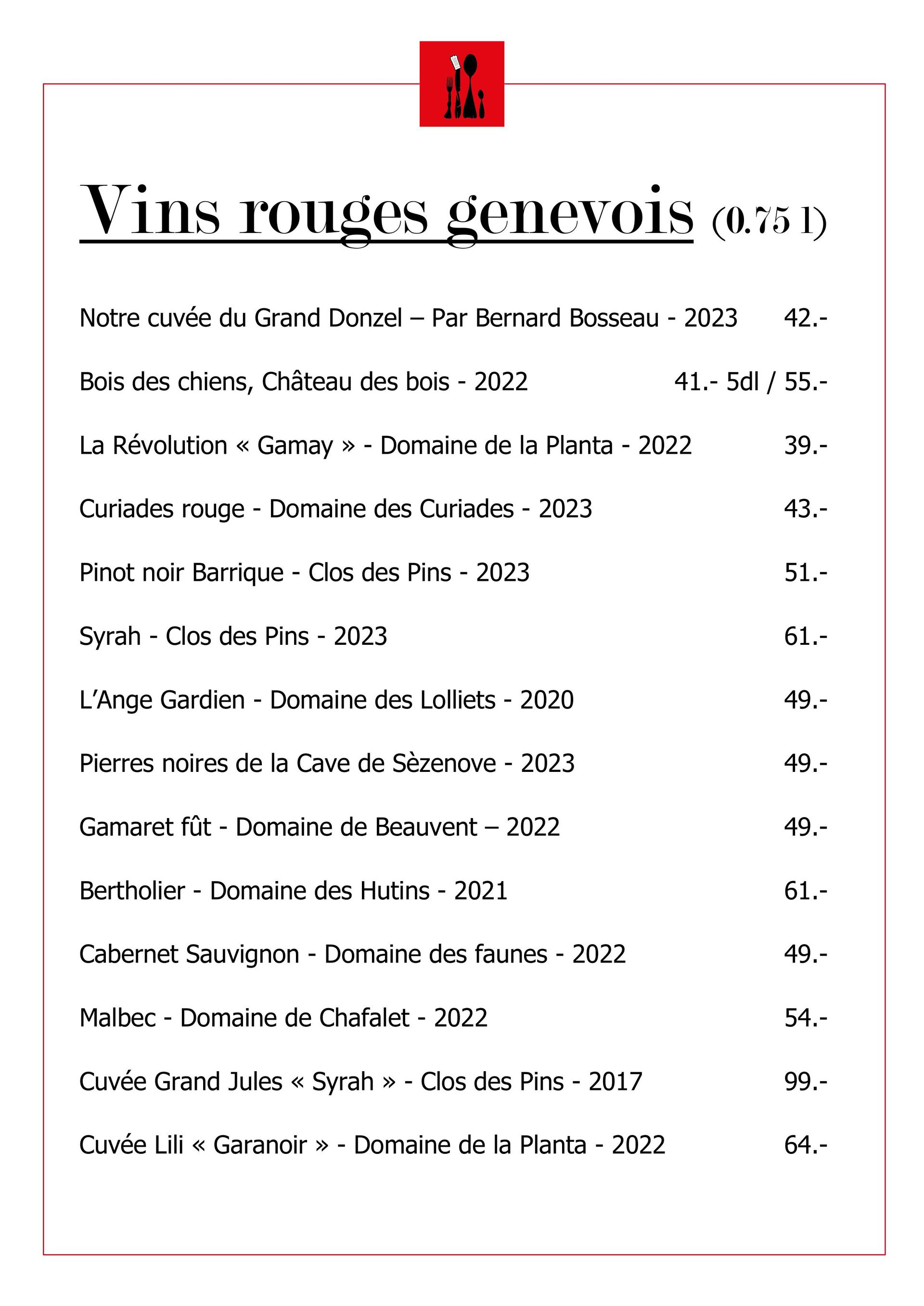 Auberge communale du Grand Donzel - vins