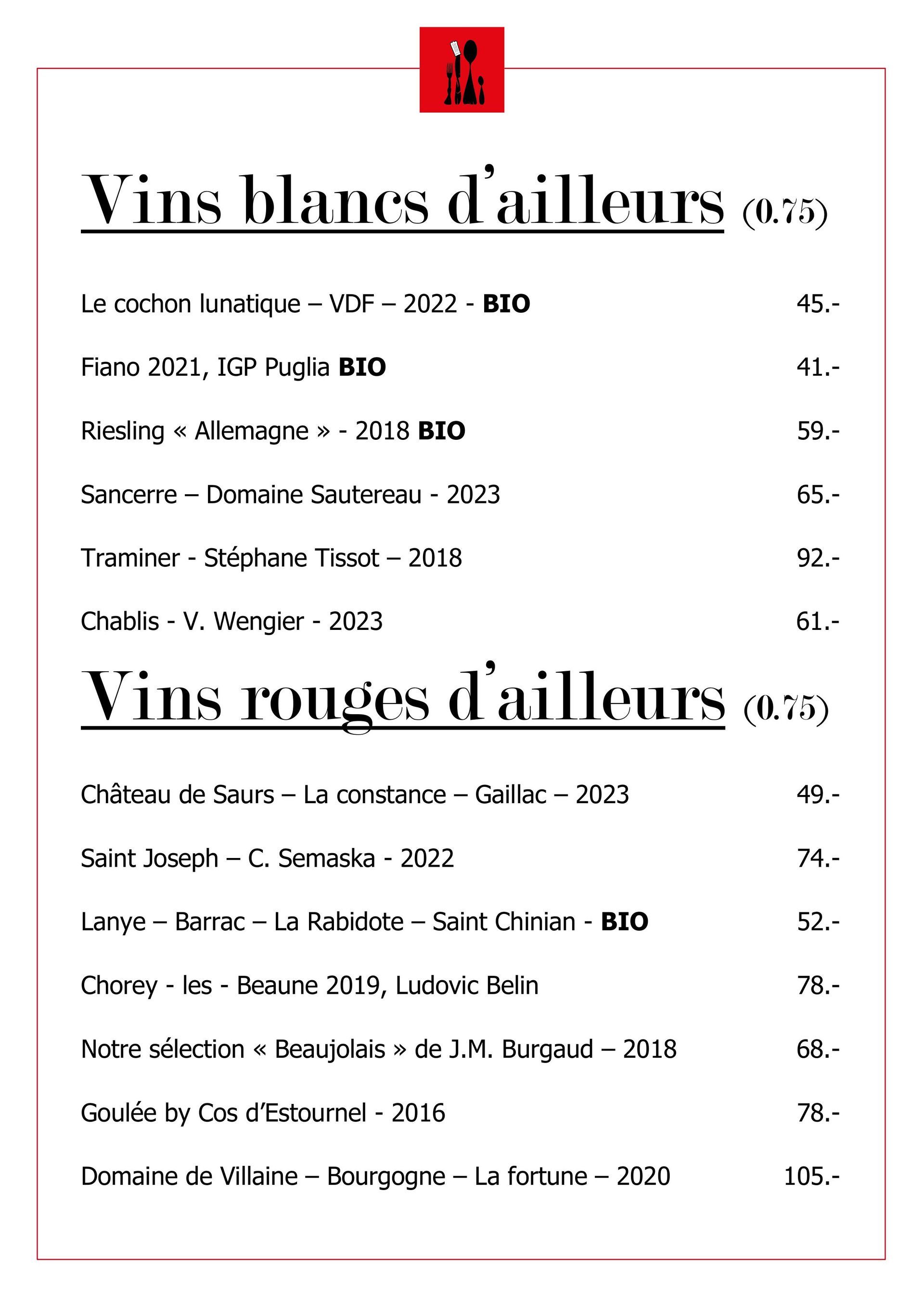 Auberge communale du Grand Donzel - vins
