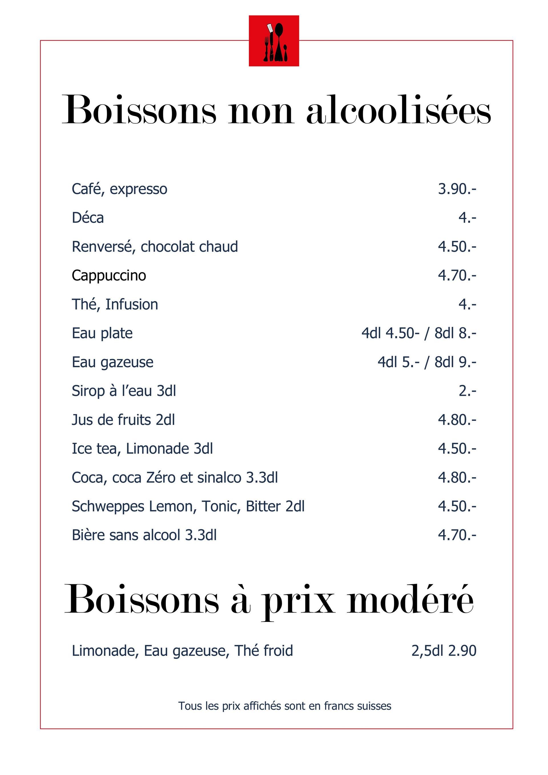 Auberge communale du Grand Donzel - boissons sans alcool