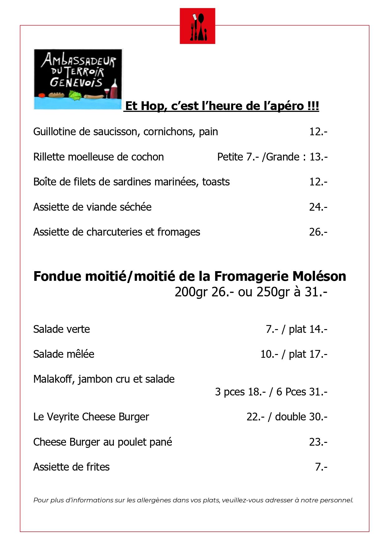 Auberge communale du Grand Donzel - menu