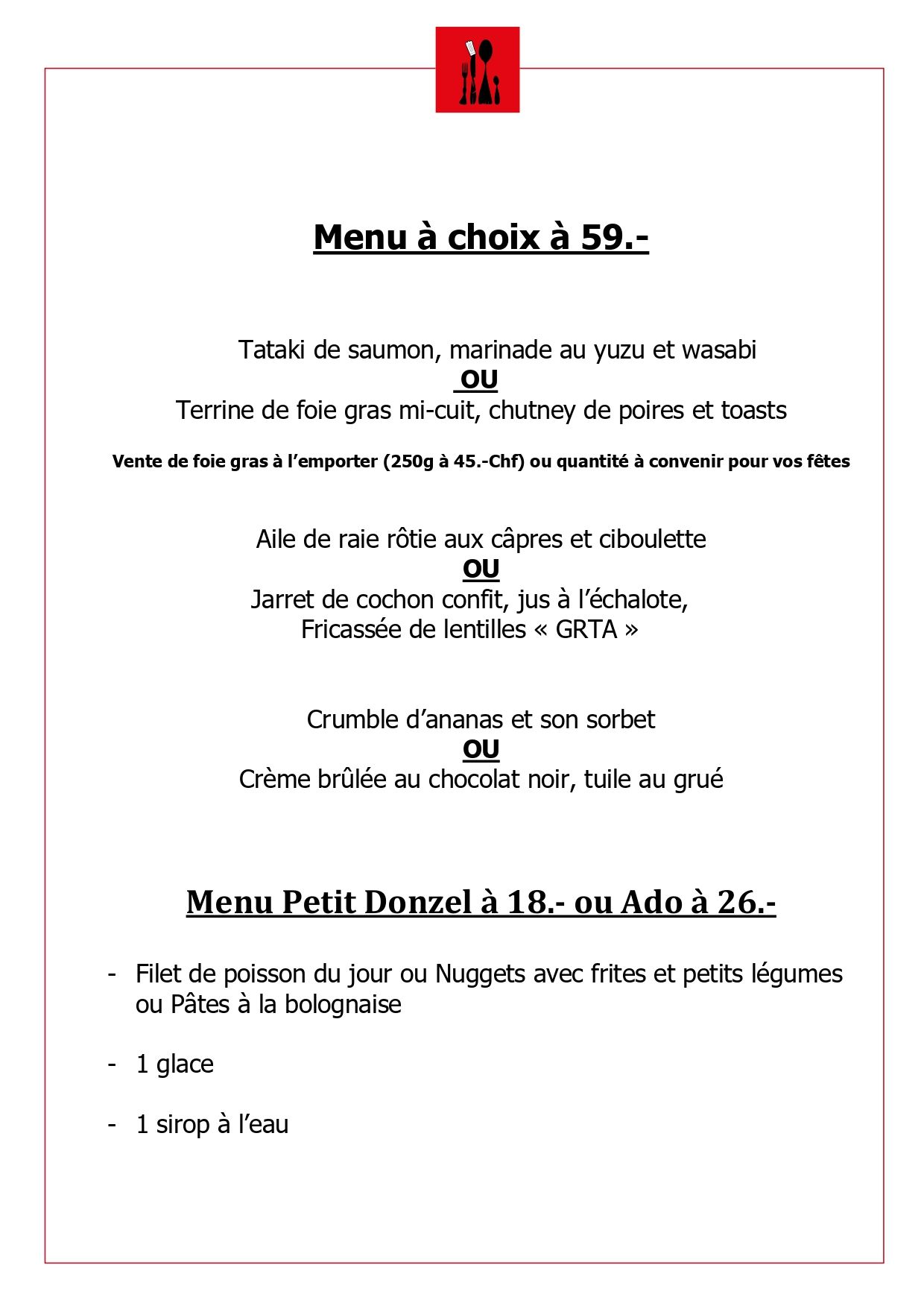 Auberge communale du Grand Donzel - menu