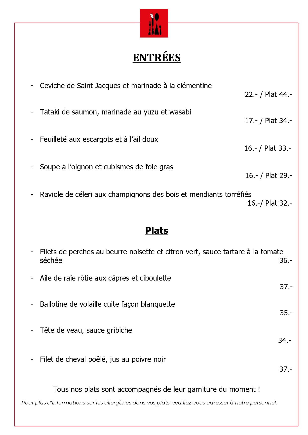 Auberge communale du Grand Donzel - menu