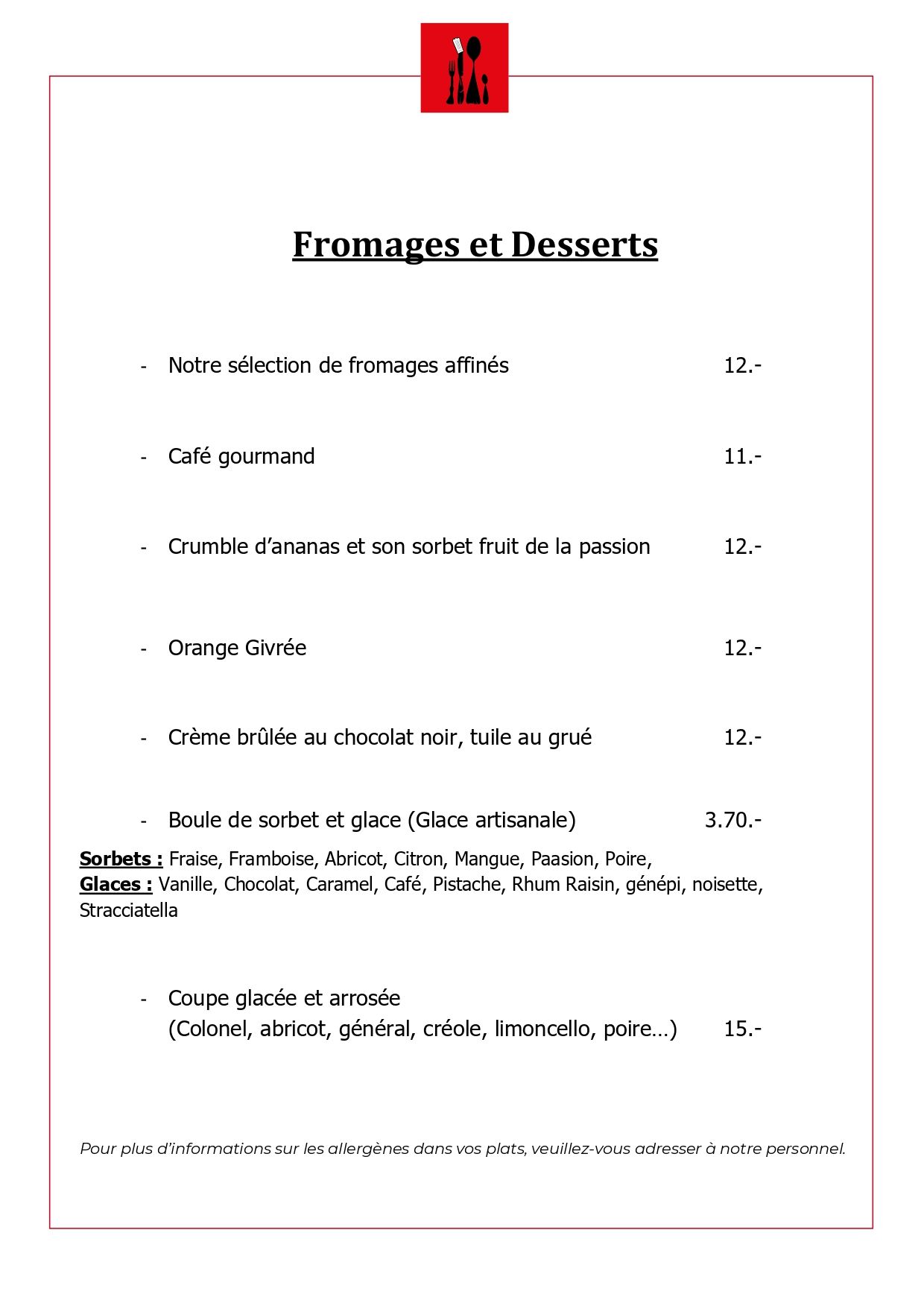 Auberge communale du Grand Donzel - menu