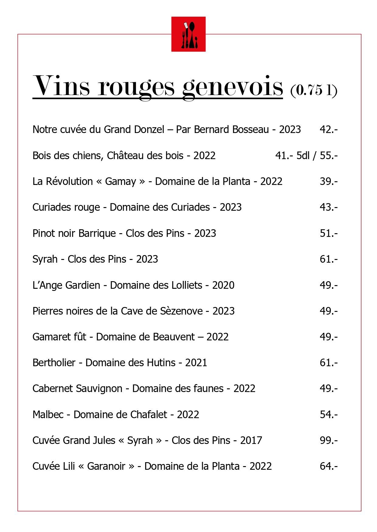 Auberge communale du Grand Donzel - vins