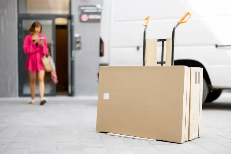 Cajas de cartón junto a una furgoneta de reparto. Una persona vestida de rosa camina hacia ella mientras mira un teléfono.