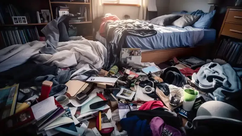 Dormitorio desordenado con ropa, libros y objetos diversos esparcidos por el suelo y la cama.