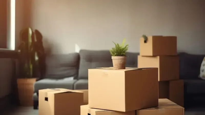 Cajas de mudanza apiladas en una habitación, con una planta en maceta encima y un sofá al fondo.