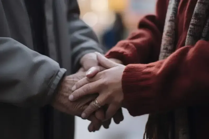 La mano de una persona mayor entrelazada con la de otra persona que viste un suéter rojo y un anillo, al aire libre.