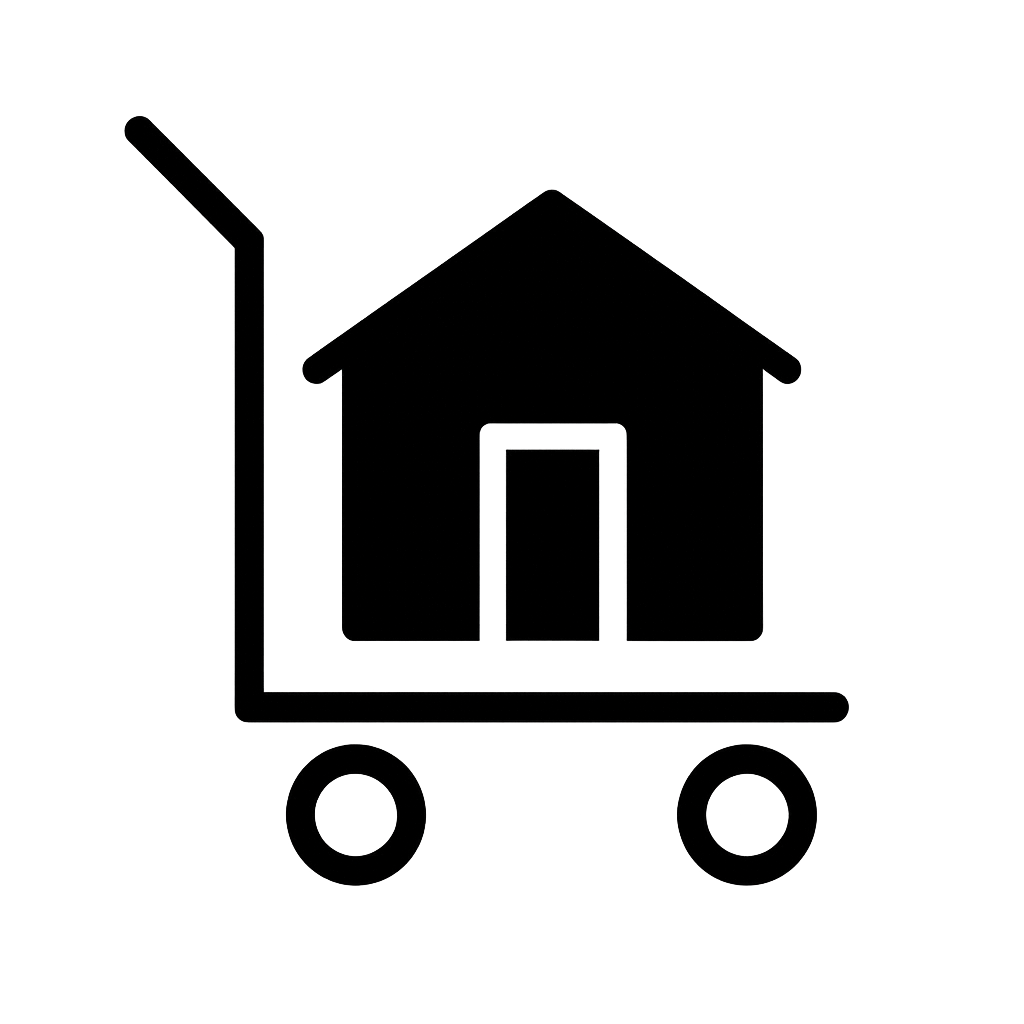 Silueta negra de una casa sobre una carretilla manual, indicando una mudanza.