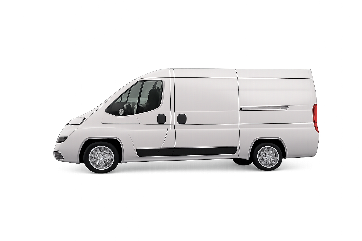 Furgoneta de carga blanca, vista lateral, sobre fondo blanco.