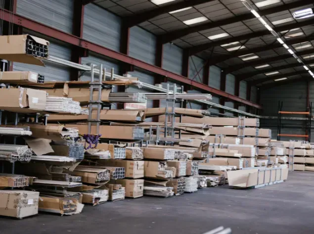 Warehouse shelves stacked with cardboard boxes and long metal pieces.