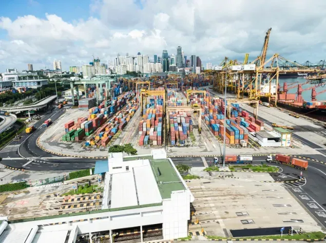 Cargo containers stacked at a port with cranes, trucks, and cityscape in the background under a cloudy sky.