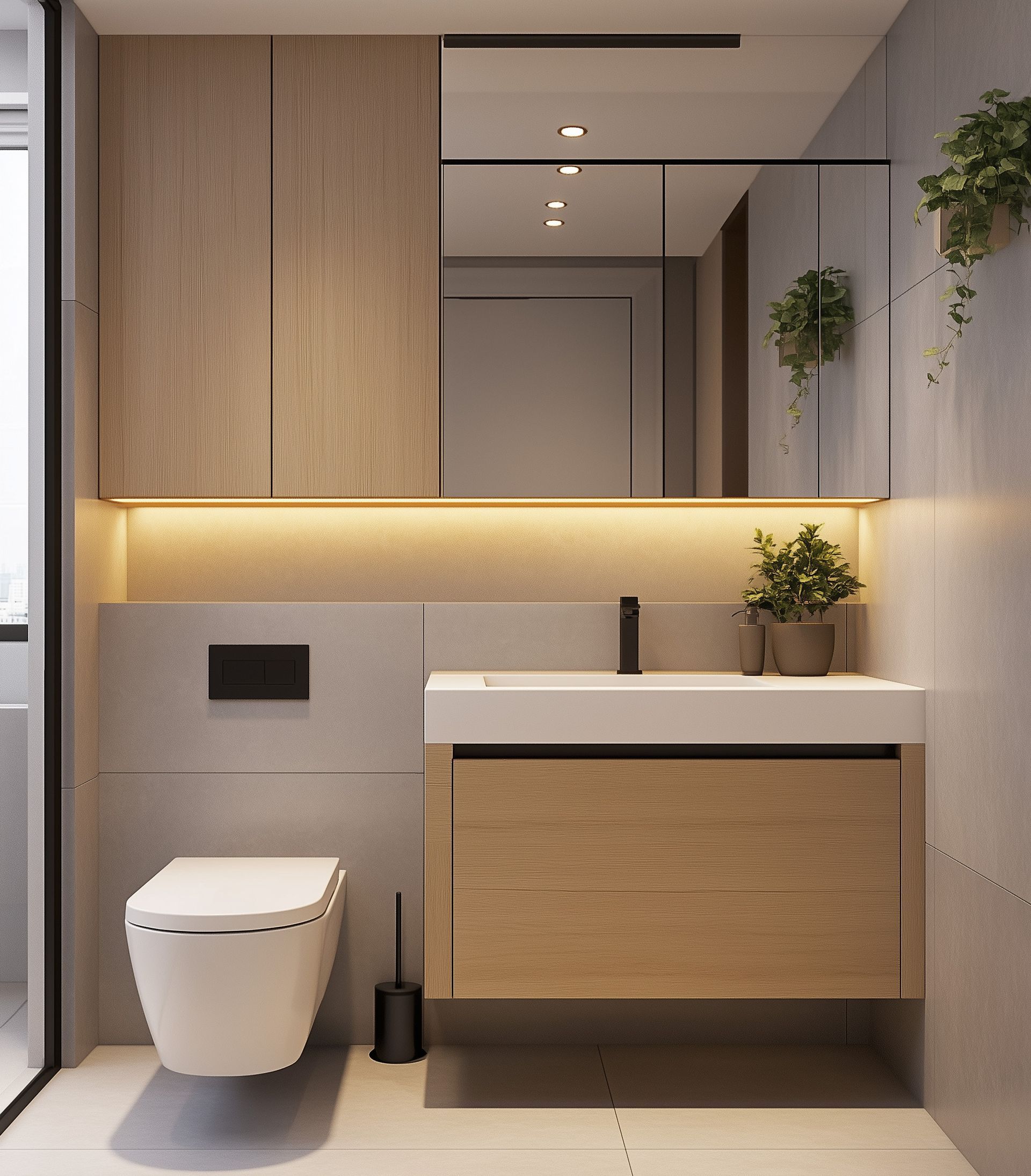 Ein Badezimmer mit Toilette, Waschbecken und Spiegel.