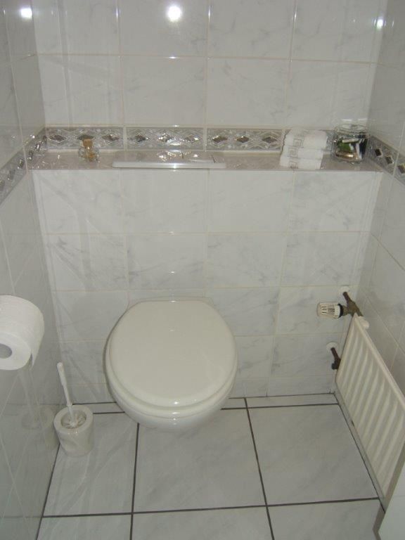 Ein Badezimmer mit Toilette und Heizkörper