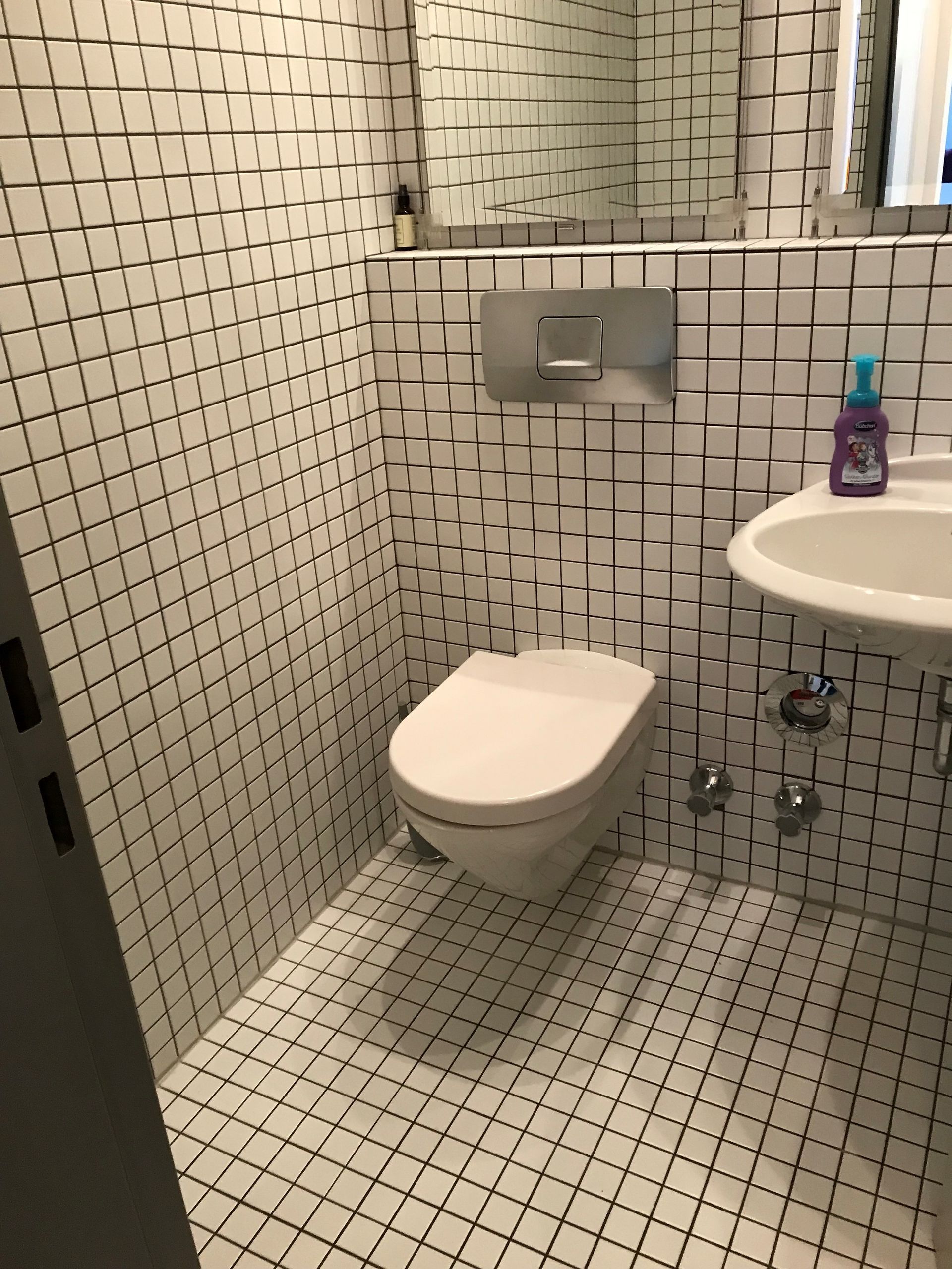 Ein Badezimmer mit Toilette, Waschbecken und Spiegel.