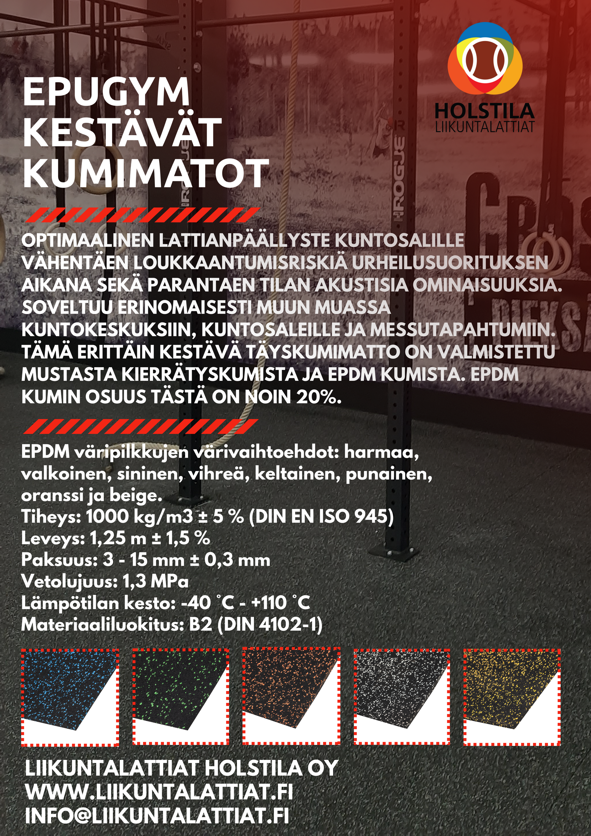 EpuGym sopii erinomaisesti:
	•	vapaapainoalueille
	•	toiminnallisen harjoittelun tiloihin
	•	painonnostolavoille ja voimannostoalueille
	•	cardio- ja laitealueiden peruslattiaksi
