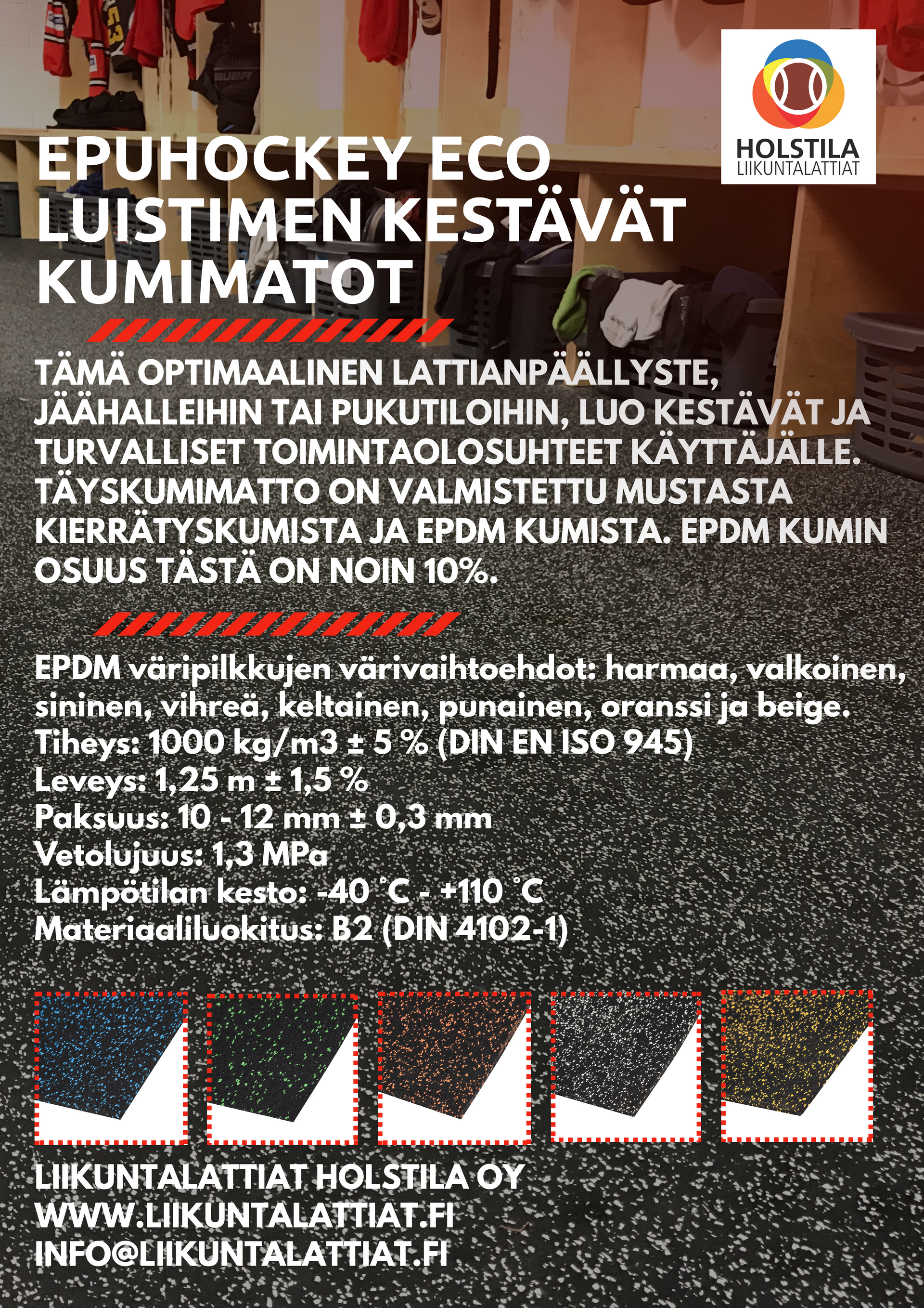 EpuHockey on laadukas ja monipuolinen kumilattia, joka kestää kovaa kulutusta ja tarjoaa erinomaisen pidon ja iskunkestävyyden. Kumimatto jäähalleihin.