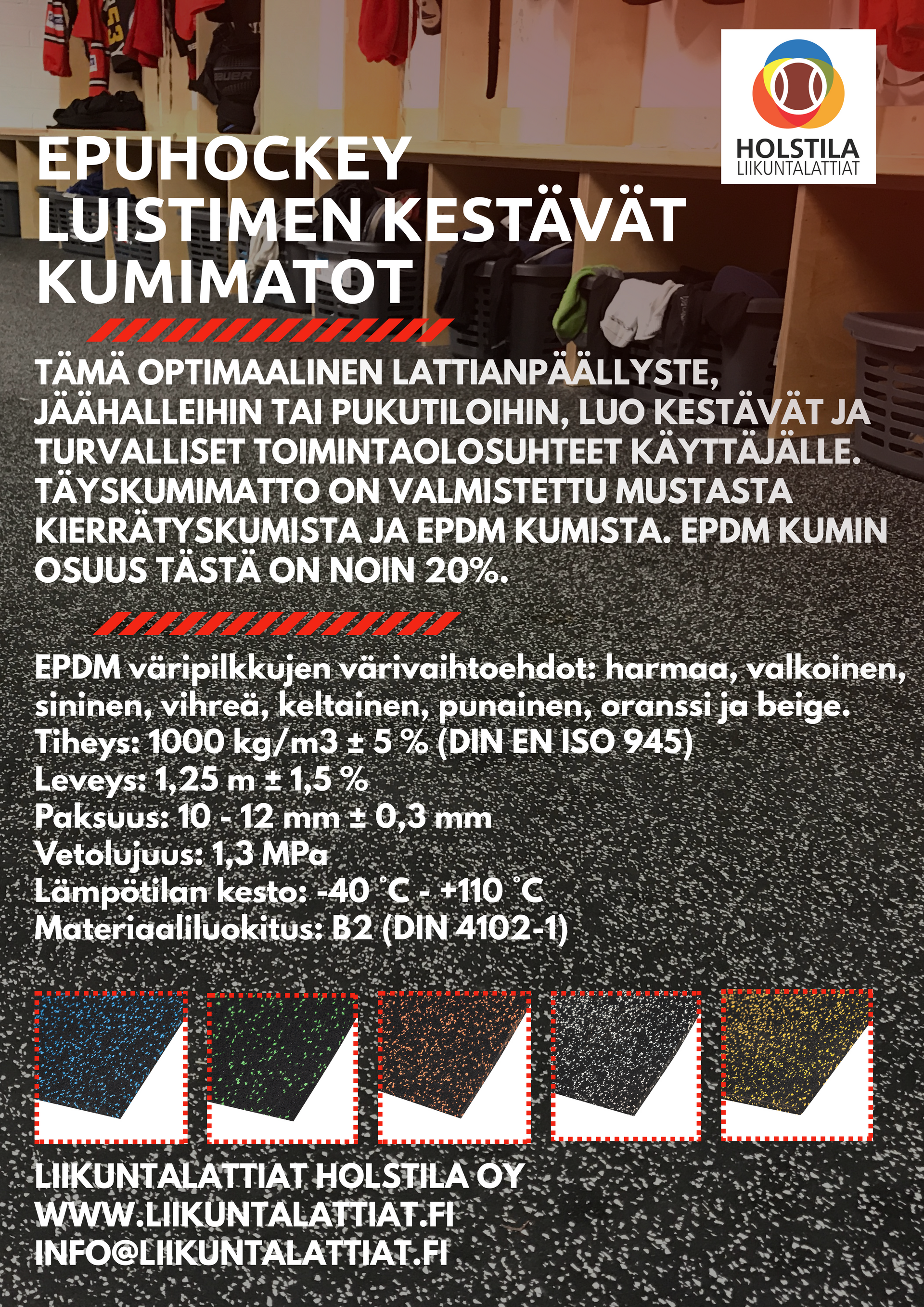EpuHockey on laadukas ja monipuolinen kumilattia, joka kestää kovaa kulutusta ja tarjoaa erinomaisen pidon ja iskunkestävyyden. Kumimatto jäähalleihin.