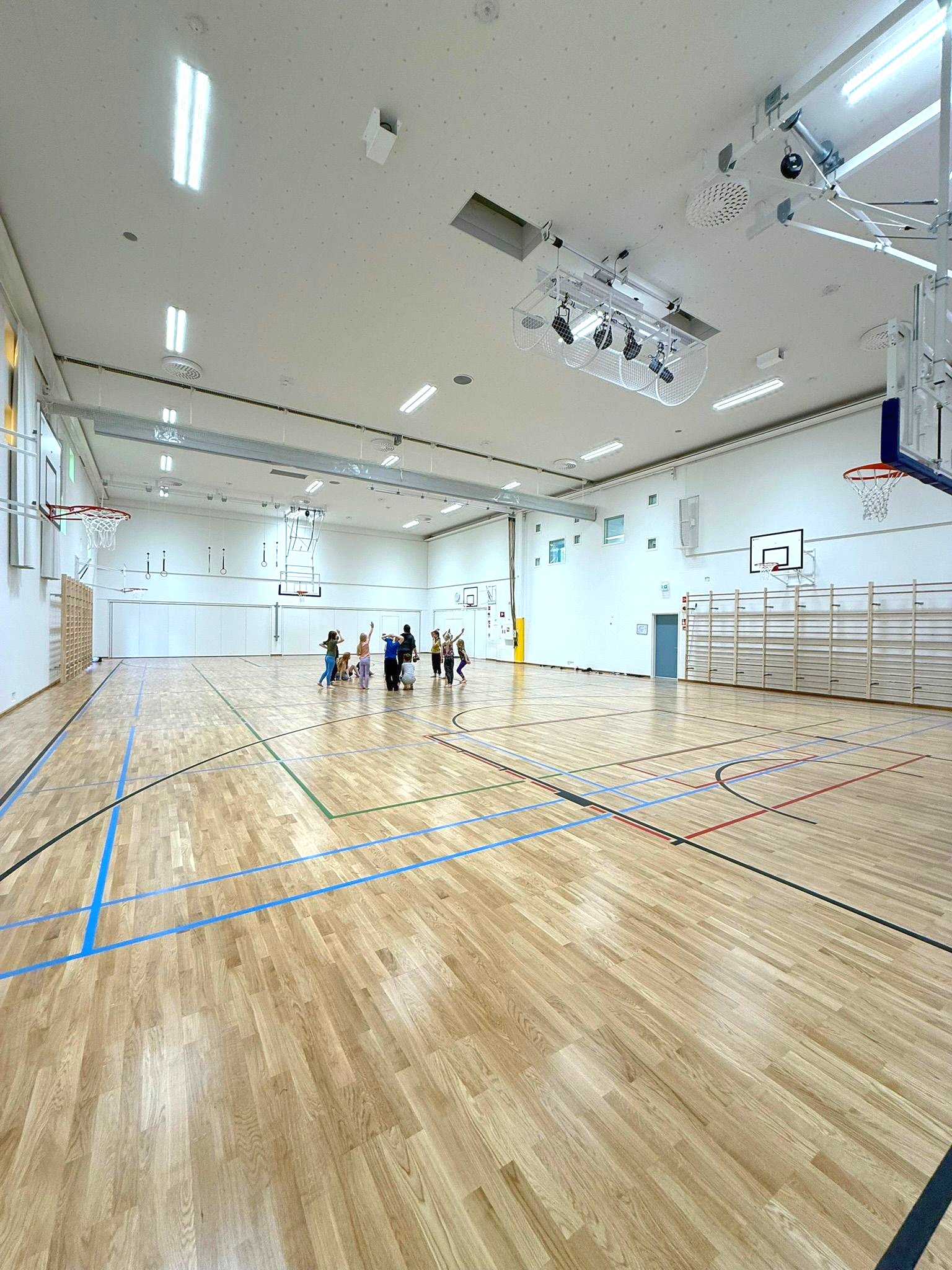 Haro puulattia koulun liikuntasalissa, soveltuu monipuoliseen liikuntaan.
Paimio Kriivarin koulun liikuntasali.