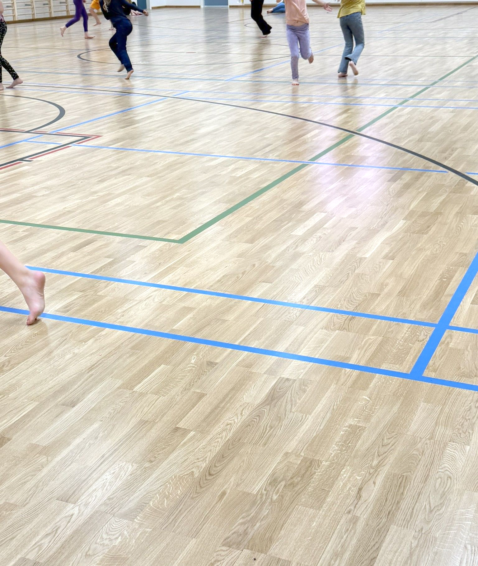 Haro puulattia koulun liikuntasalissa, soveltuu monipuoliseen liikuntaan.
Paimio Kriivarin koulun liikuntasali.