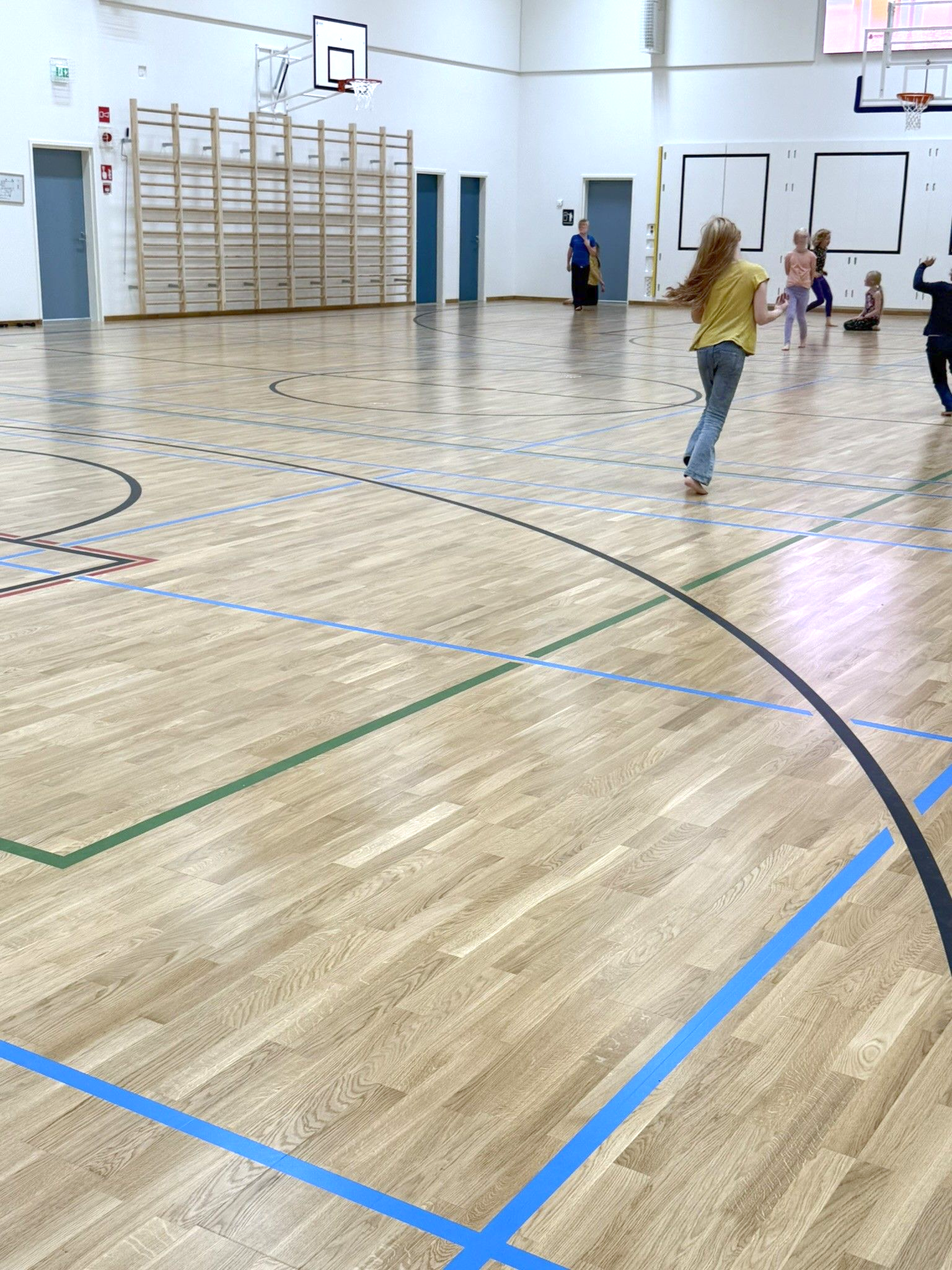 Haro puulattia koulun liikuntasalissa, soveltuu monipuoliseen liikuntaan. Paimio Kriivarin koulun liikuntasali.