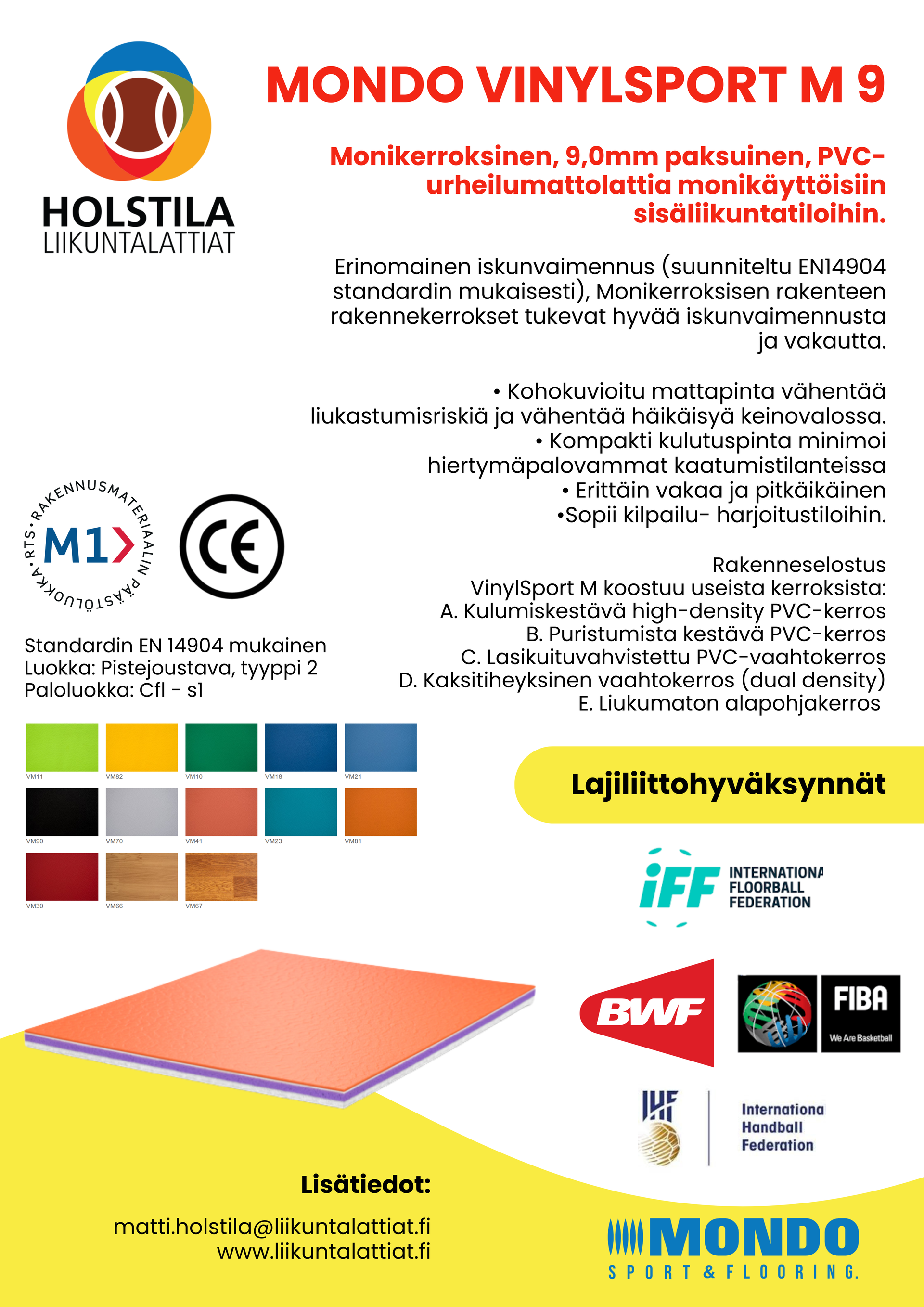 Testattu ja lajiliittohyväksytty Mondo VinylSport M urheilulattiamateriaali