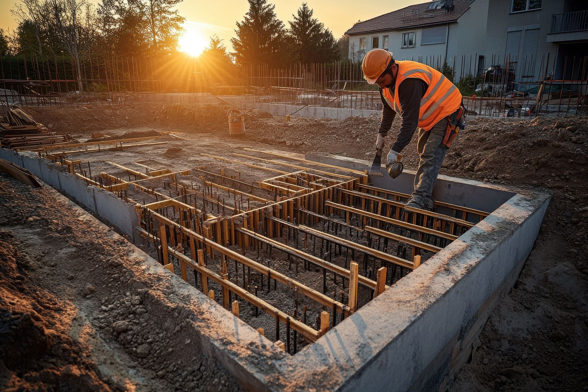 Un trabajador de la construcción está trabajando sobre una base de hormigón en un sitio de construcción.