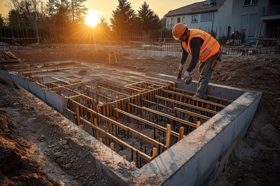Un trabajador de la construcción está trabajando sobre una base de hormigón en un sitio de construcción.