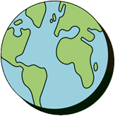 Eine Cartoonzeichnung eines Globus mit grünen Kontinenten auf weißem Hintergrund.