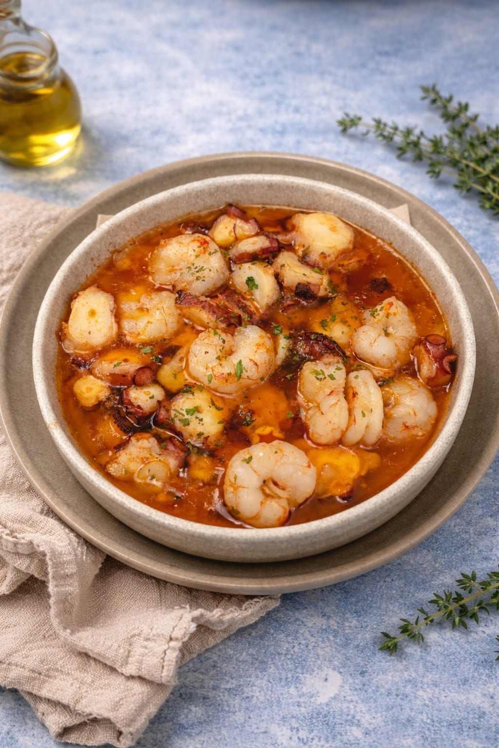 Gambas en salsa de tomate picante servidas en un bol sobre una servilleta de lino, con hierbas aromáticas