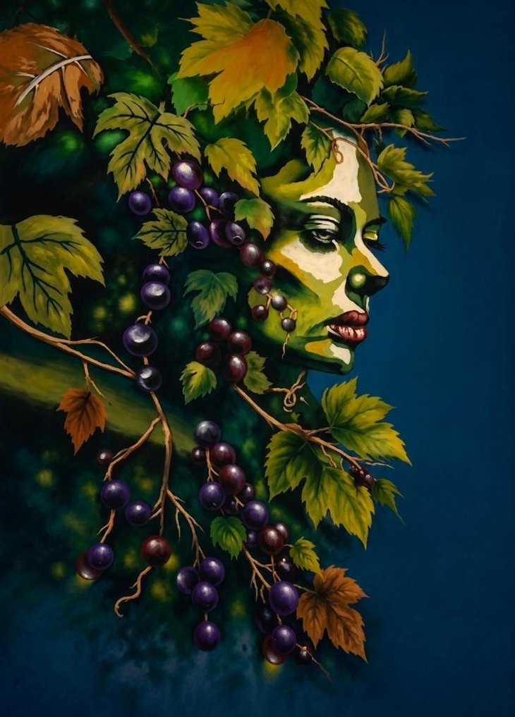 Rostro femenino estilizado camuflado entre vides y hojas sobre un fondo azul oscuro.